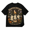 Haunted Spotlight Garden Club black graphic T-shirt on pure white background