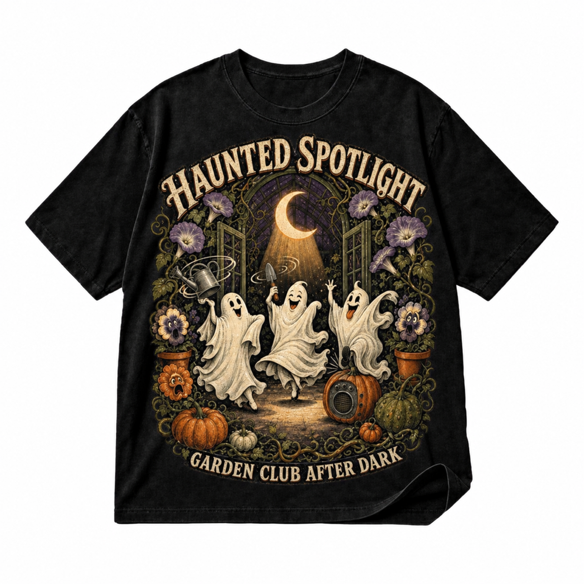 Haunted Spotlight Garden Club black graphic T-shirt on pure white background