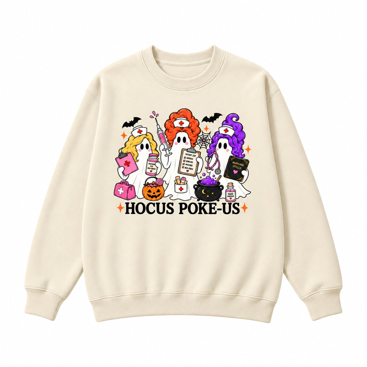Hocus Poke-US Halloween nurse ghost graphic Crewneck Sweatshirt in Cream, front on white background