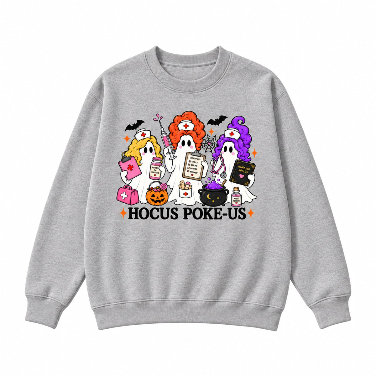 Hocus Poke-US Halloween nurse ghost graphic Crewneck Sweatshirt in Heather Gray, front on white background
