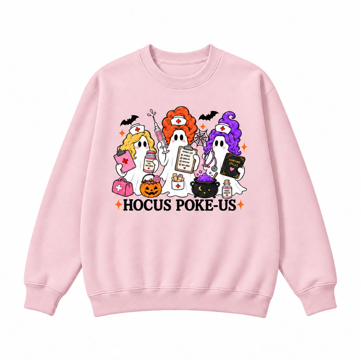 Hocus Poke-US Halloween nurse ghost graphic Crewneck Sweatshirt in Pink, front on white background