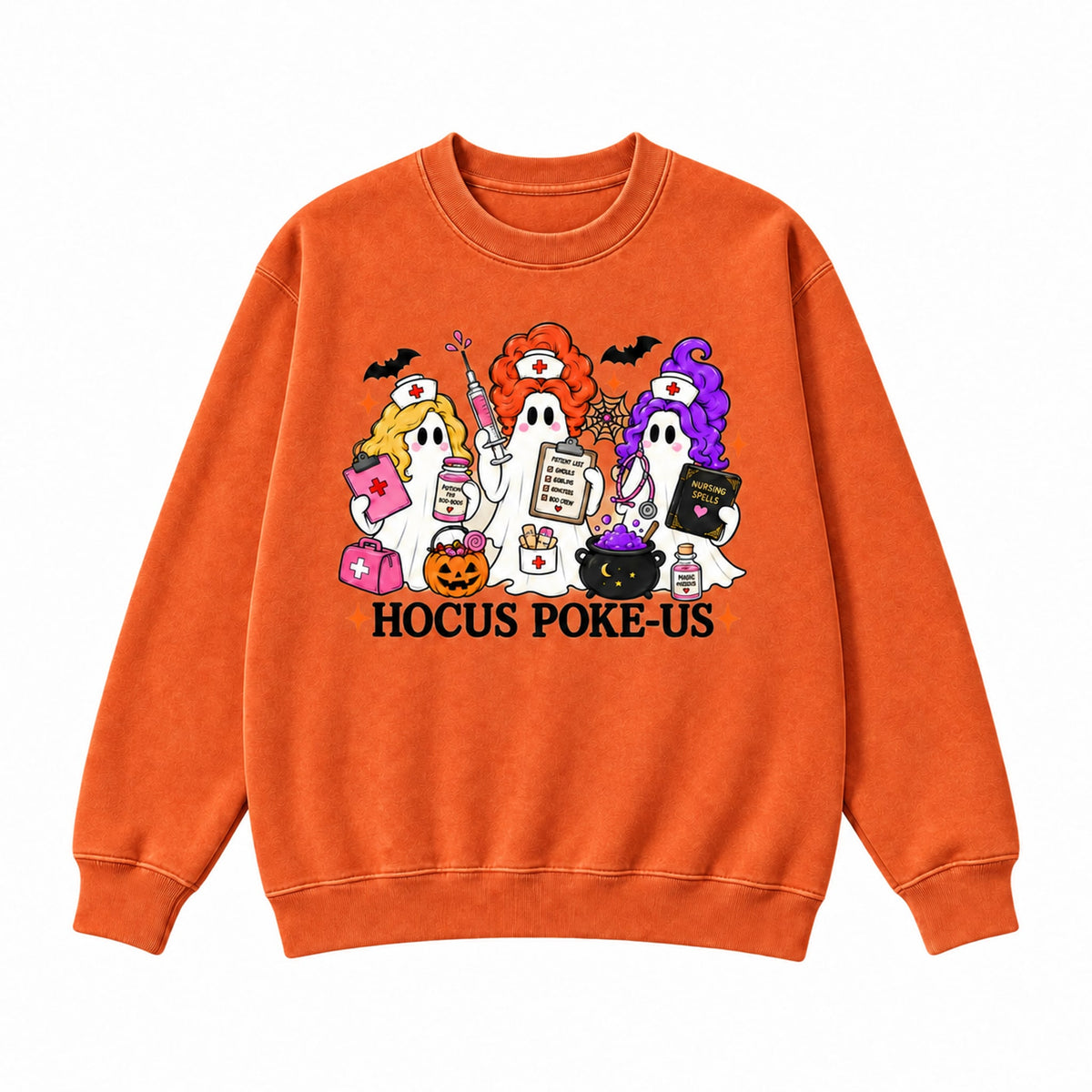 Hocus Poke-US Halloween nurse ghost graphic Crewneck Sweatshirt in Yam, front on white background