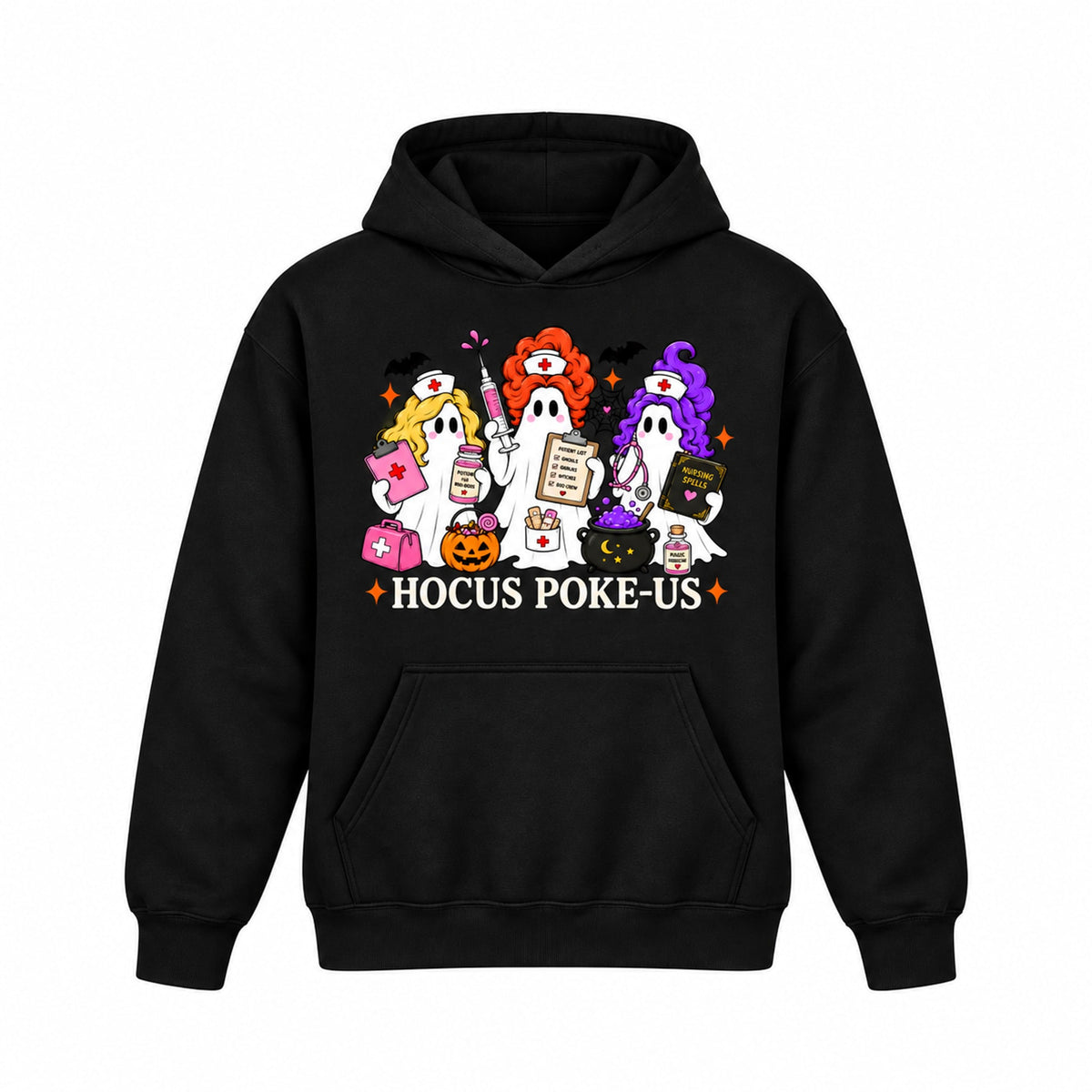 Hocus Poke-US Halloween nurse ghost graphic Hoodie in Black, front on white background, no drawstrings