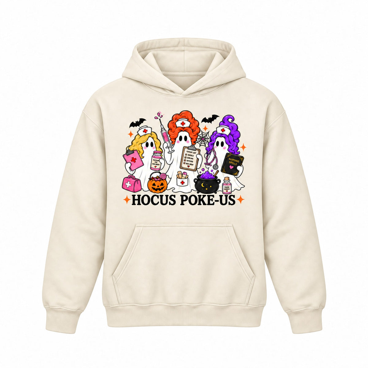 Hocus Poke-US Halloween nurse ghost graphic Hoodie in Cream, front on white background, no drawstrings