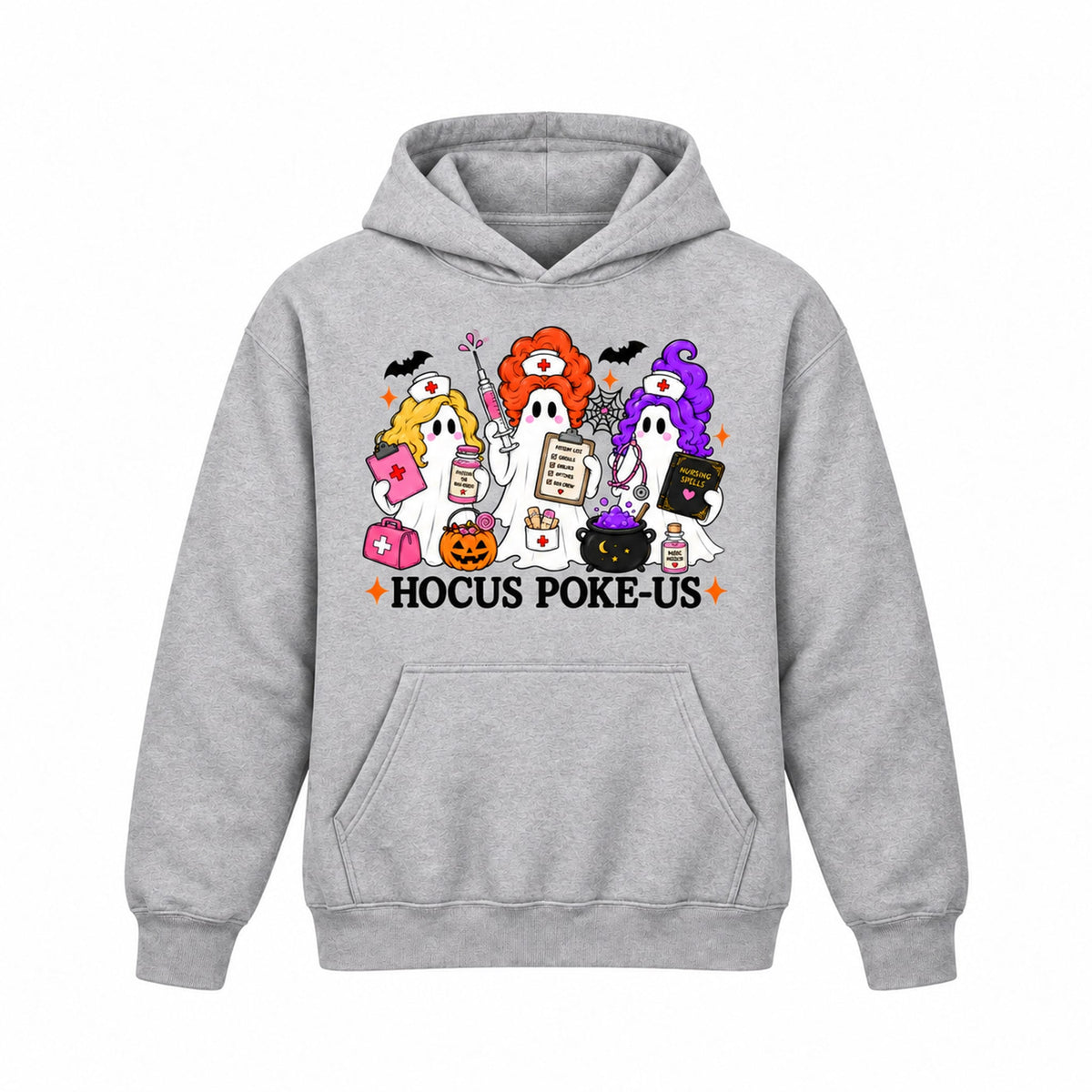Hocus Poke-US Halloween nurse ghost graphic Hoodie in Heather Gray, front on white background, no drawstrings