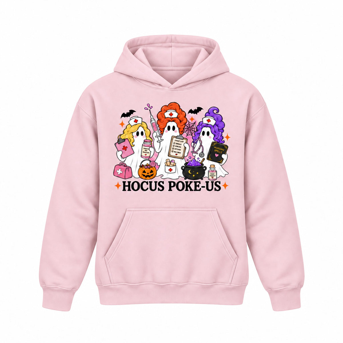 Hocus Poke-US Halloween nurse ghost graphic Hoodie in Pink, front on white background, no drawstrings
