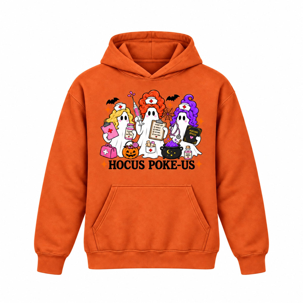 Hocus Poke-US Halloween nurse ghost graphic Hoodie in Yam, front on white background, no drawstrings