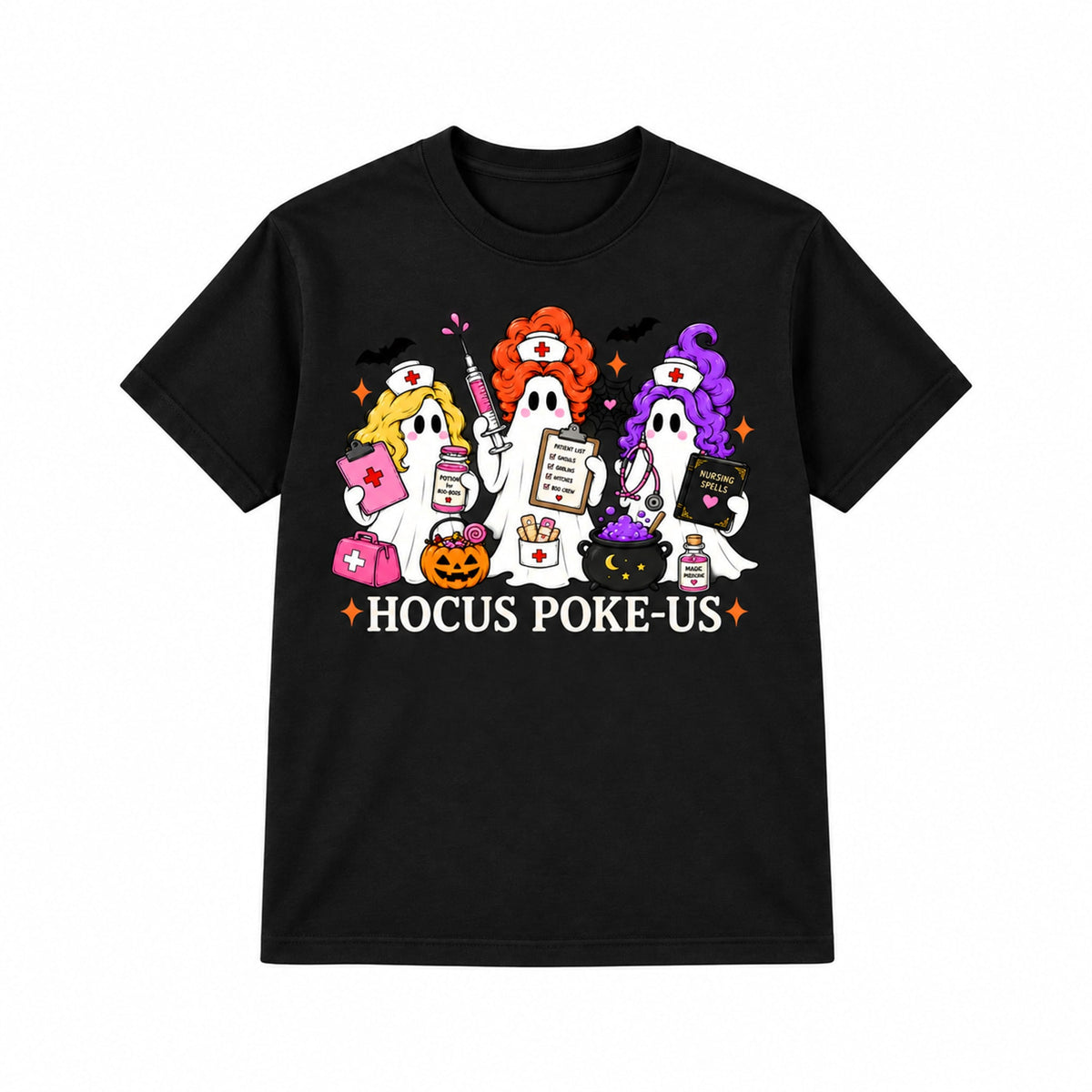 Hocus Poke-US Halloween nurse ghost graphic T-Shirt in Black, front on white background