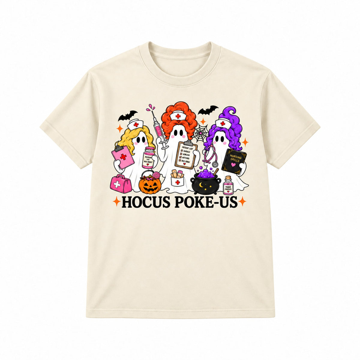 Hocus Poke-US Halloween nurse ghost graphic T-Shirt in Cream, front on white background