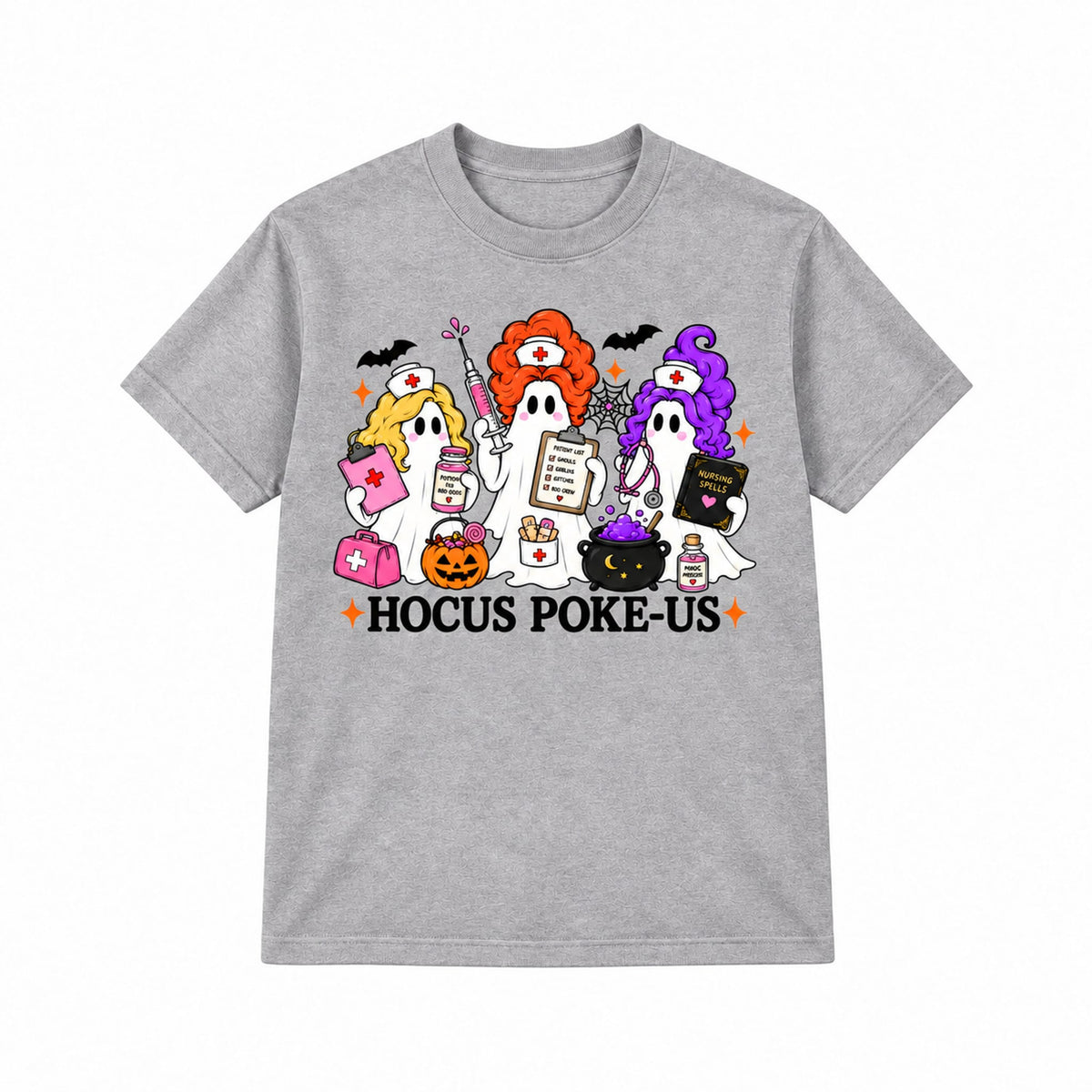 Hocus Poke-US Halloween nurse ghost graphic T-Shirt in Heather Gray, front on white background