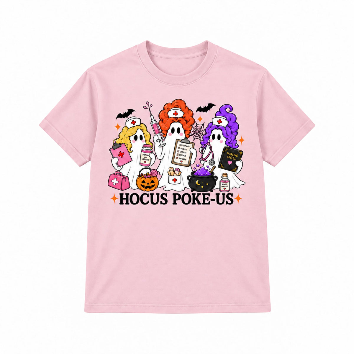 Hocus Poke-US Halloween nurse ghost graphic T-Shirt in Pink, front on white background