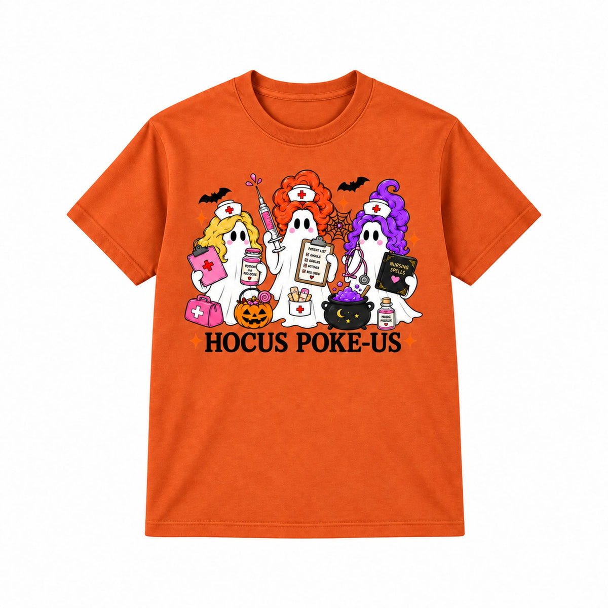Hocus Poke-US Halloween nurse ghost graphic T-Shirt in Yam, front on white background