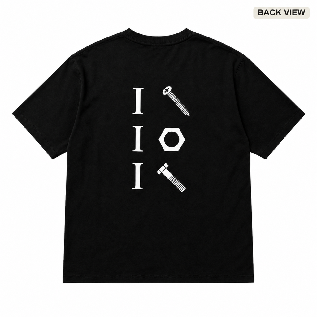 I screw, I nut, I bolt black graphic T-shirt back view on pure white background