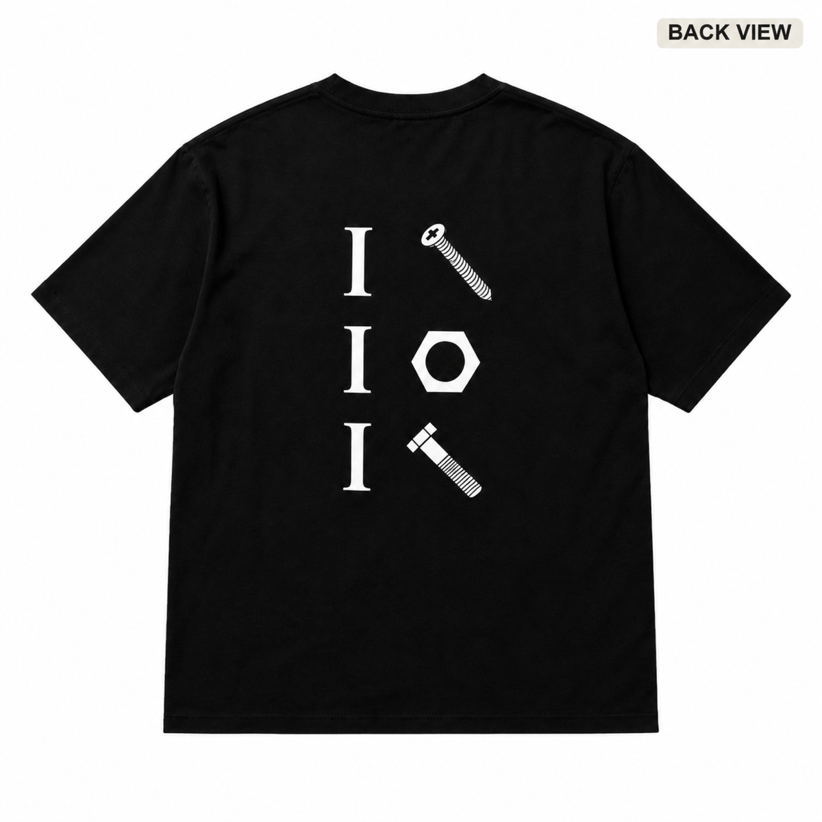 I screw, I nut, I bolt black graphic T-shirt back view on pure white background