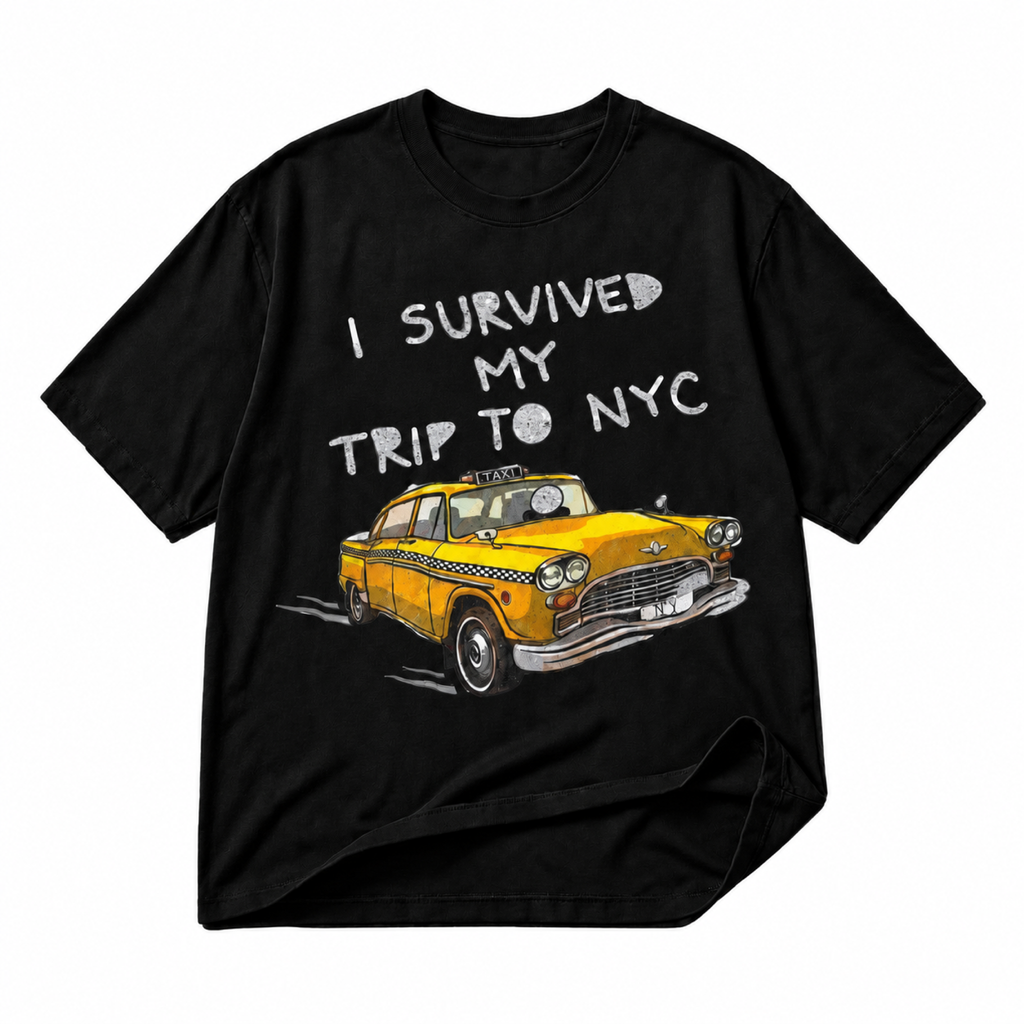 I Survived My Trip to NYC black graphic T-shirt on pure white background