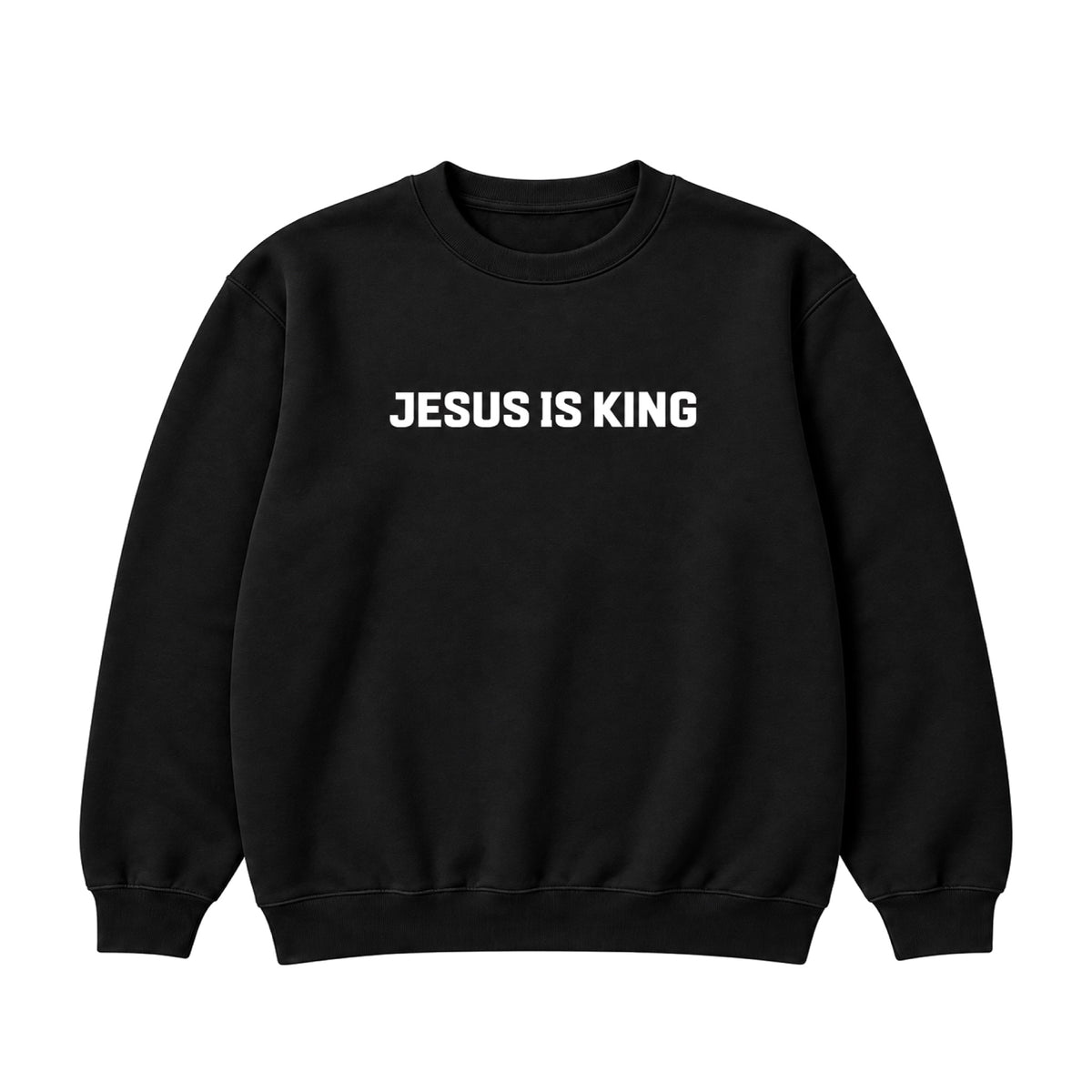 Jesus Is King Crewneck Sweatshirt in Black, front view on white background