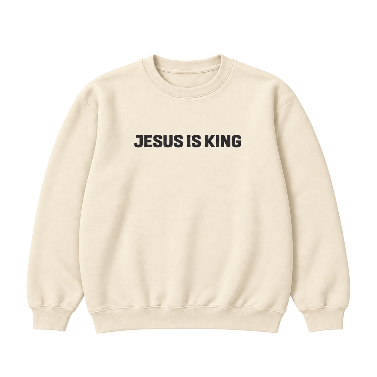 Jesus Is King Crewneck Sweatshirt in Cream, front view on white background