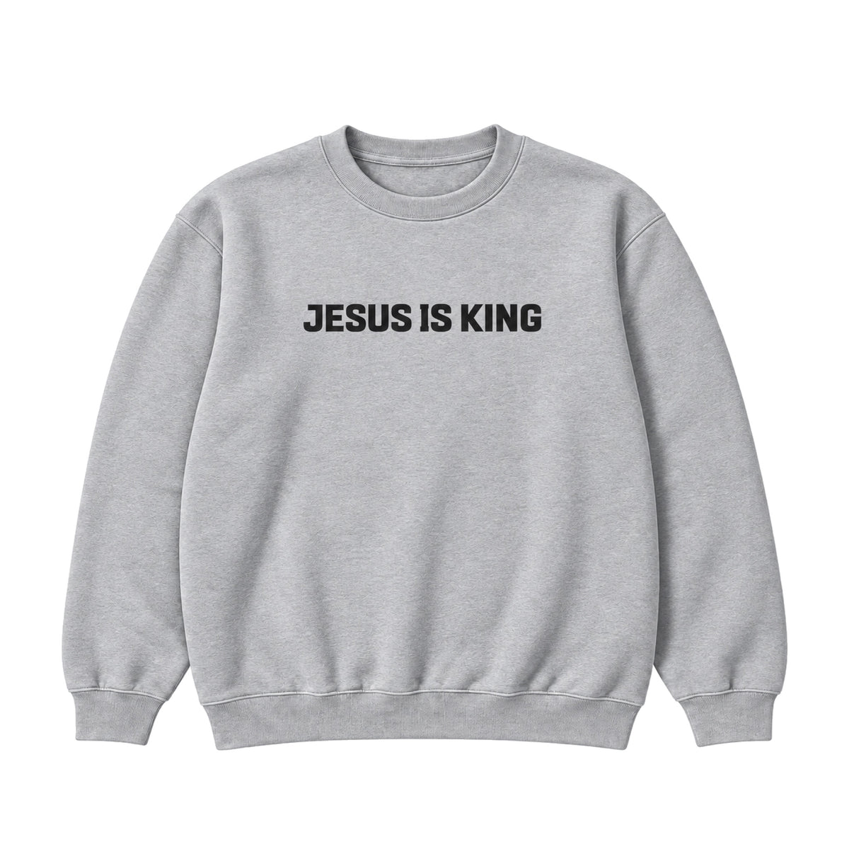 Jesus Is King Crewneck Sweatshirt in Gray, front view on white background