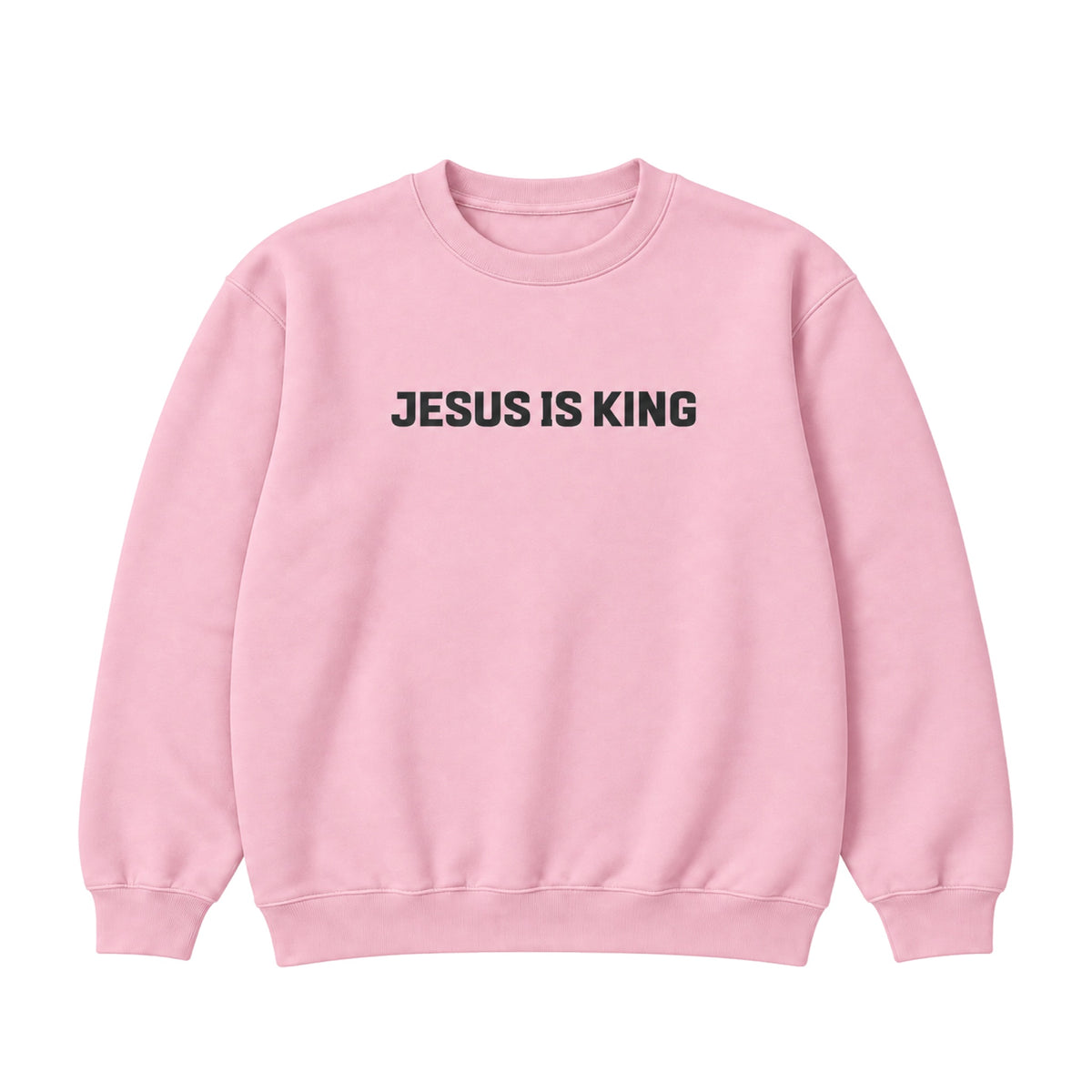 Jesus Is King Crewneck Sweatshirt in Pink, front view on white background