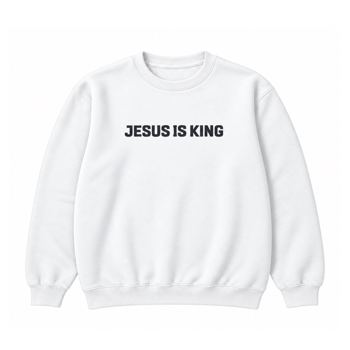Jesus Is King Crewneck Sweatshirt in White, front view on white background