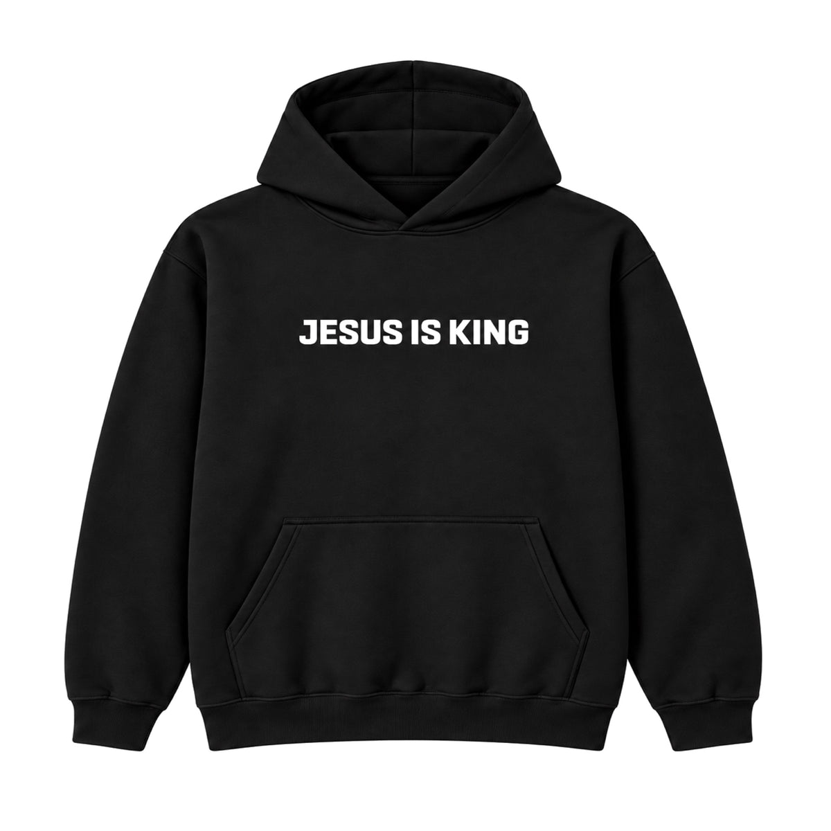 Jesus Is King Hoodie in Black, front view on white background