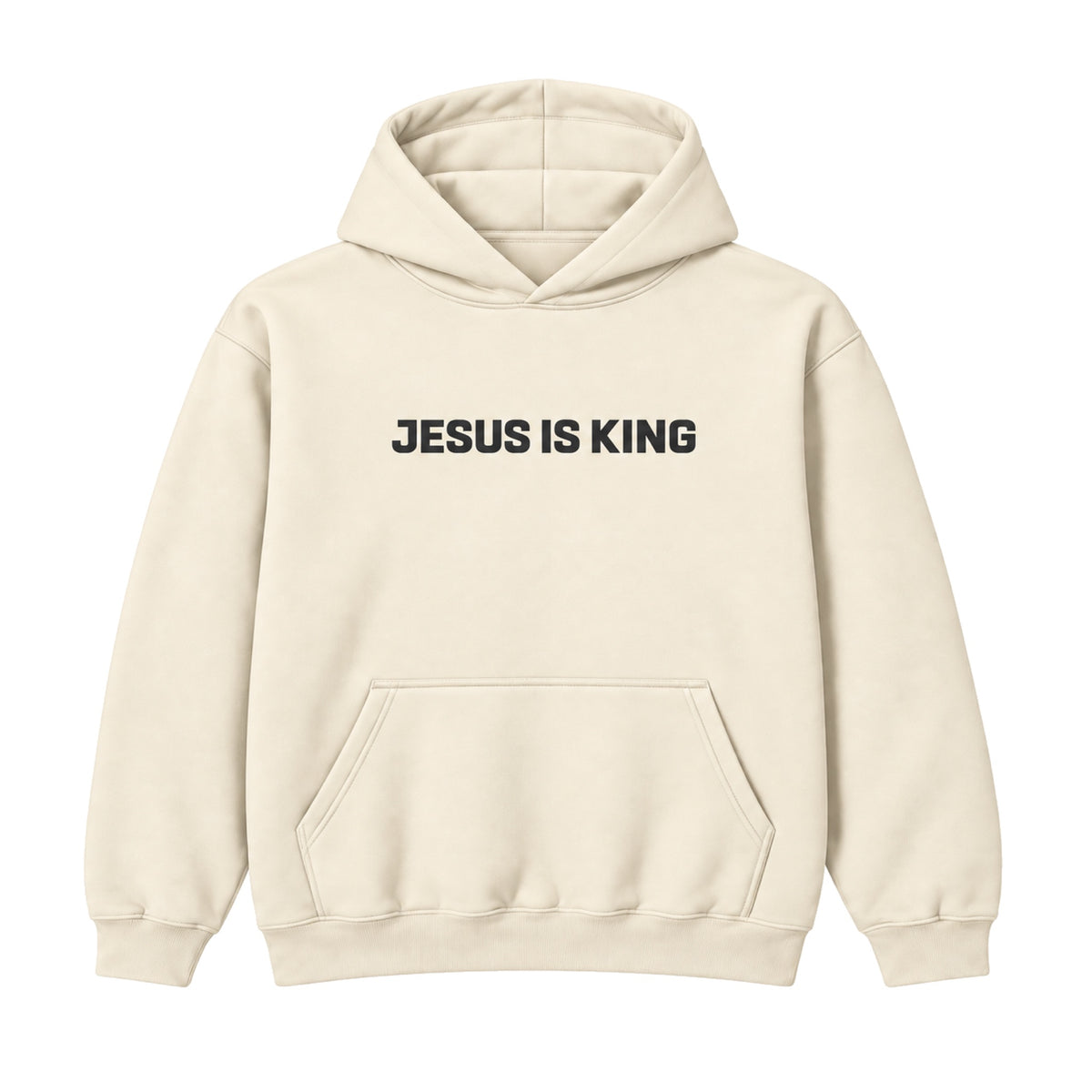 Jesus Is King Hoodie in Cream, front view on white background