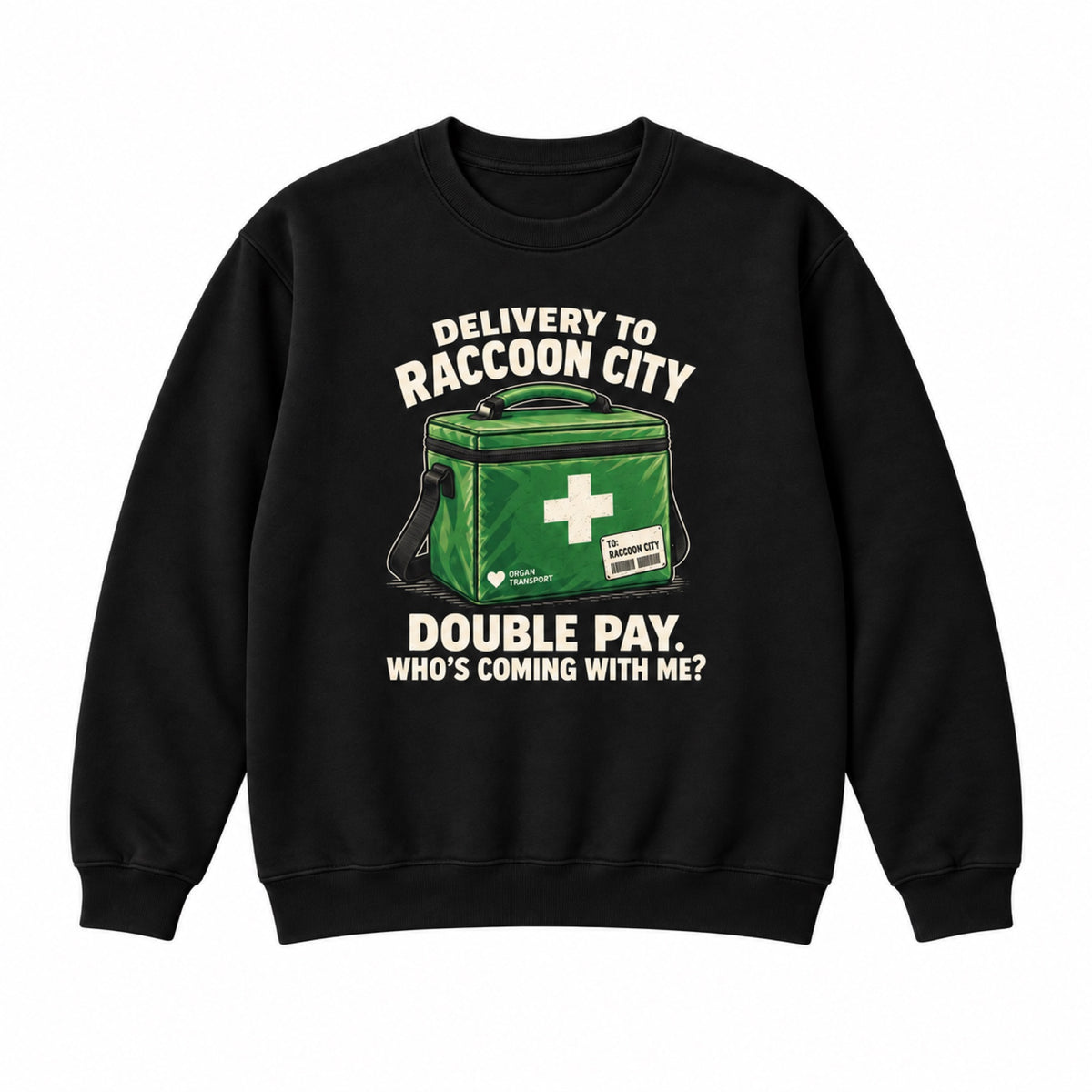 Raccoon City Delivery crewneck-black front view