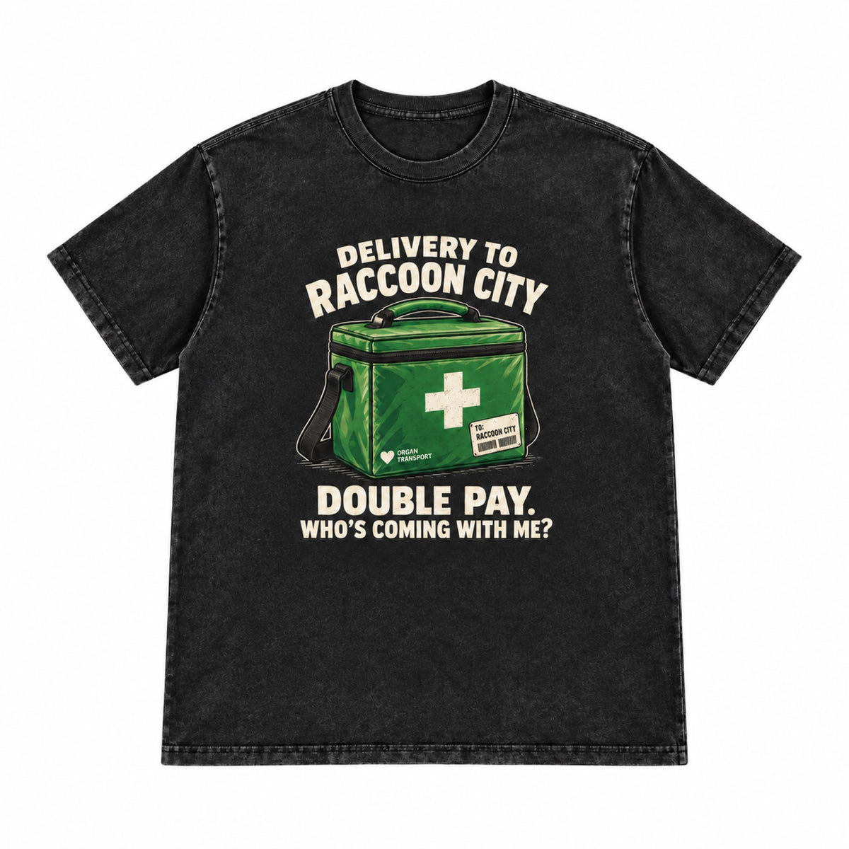 Raccoon City Delivery tshirt-washed-black front view