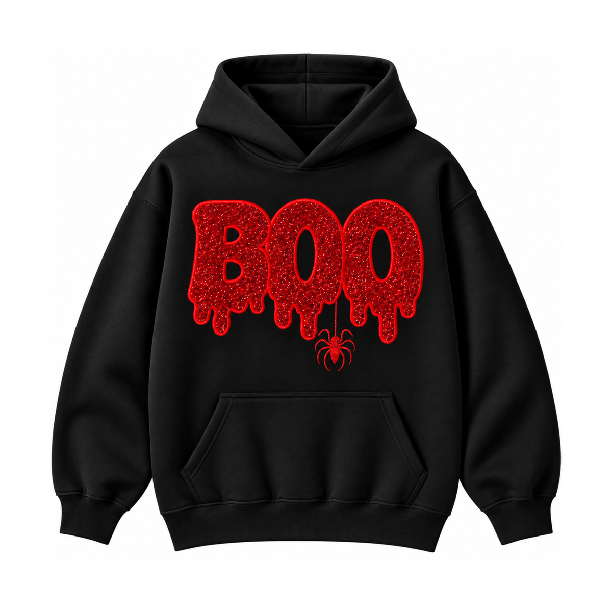 Black hoodie with red embroidered BOO and hanging spider front view