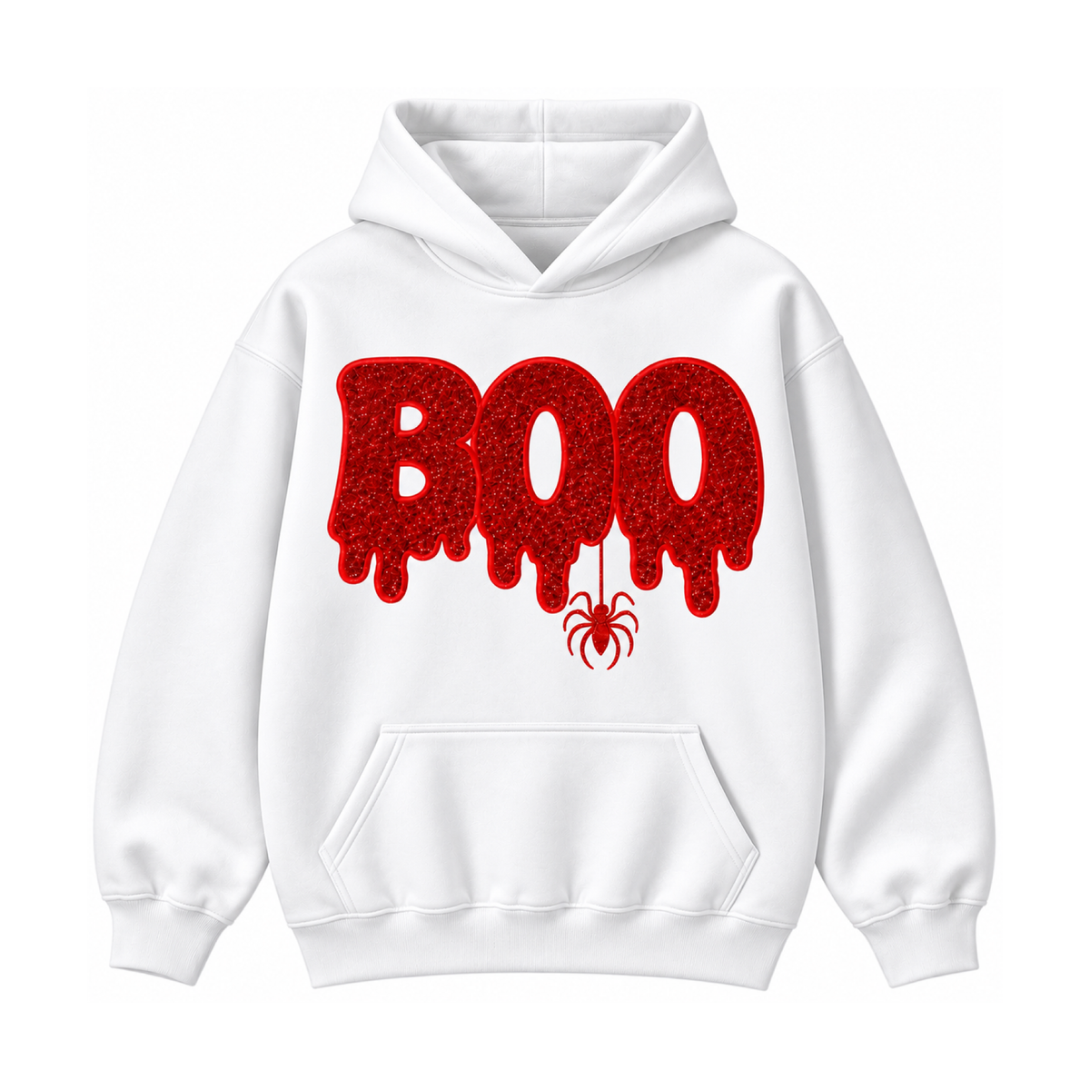 White hoodie with red embroidered BOO and hanging spider front view