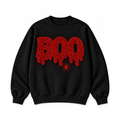 Black crewneck sweatshirt with red embroidered BOO and hanging spider front view