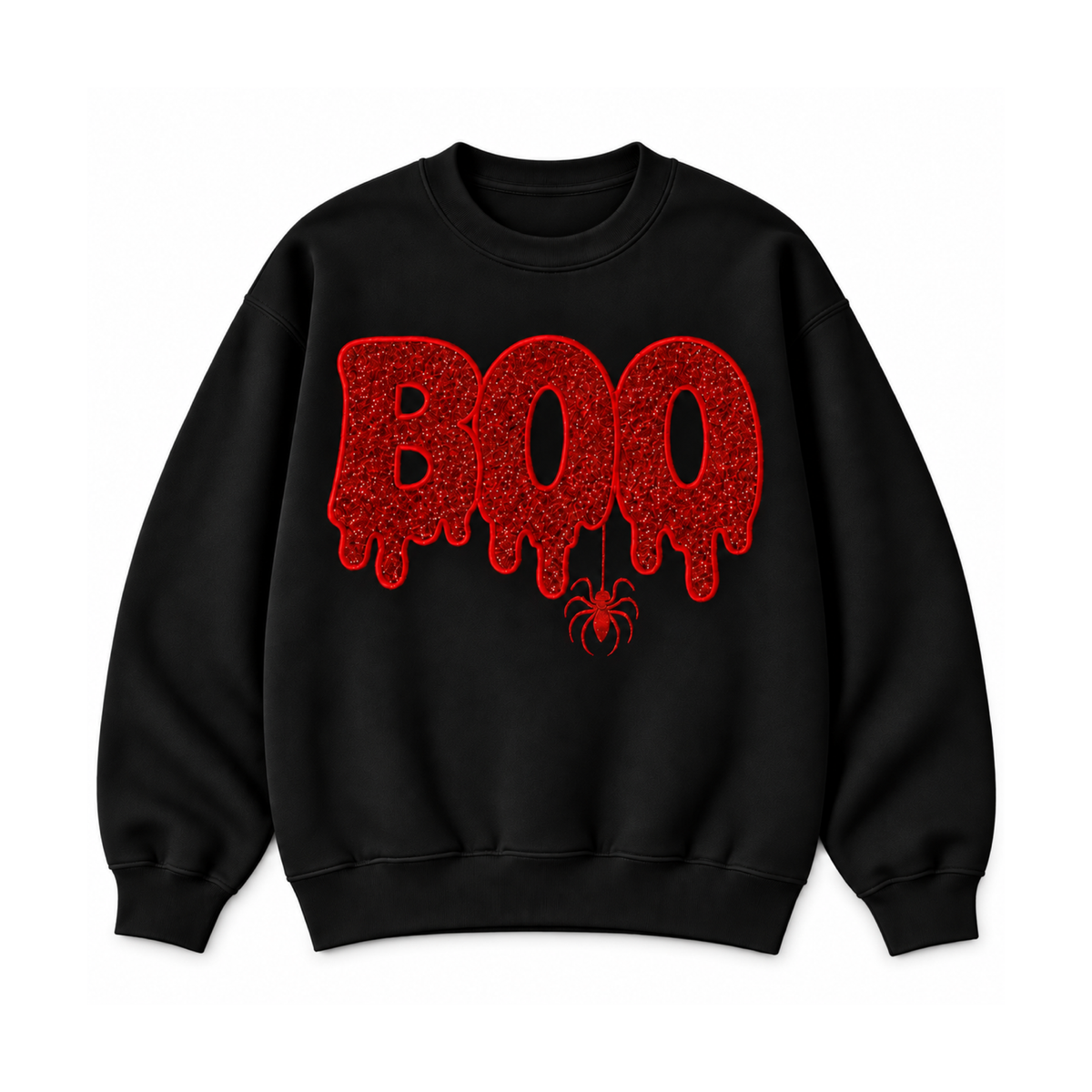 Black crewneck sweatshirt with red embroidered BOO and hanging spider front view
