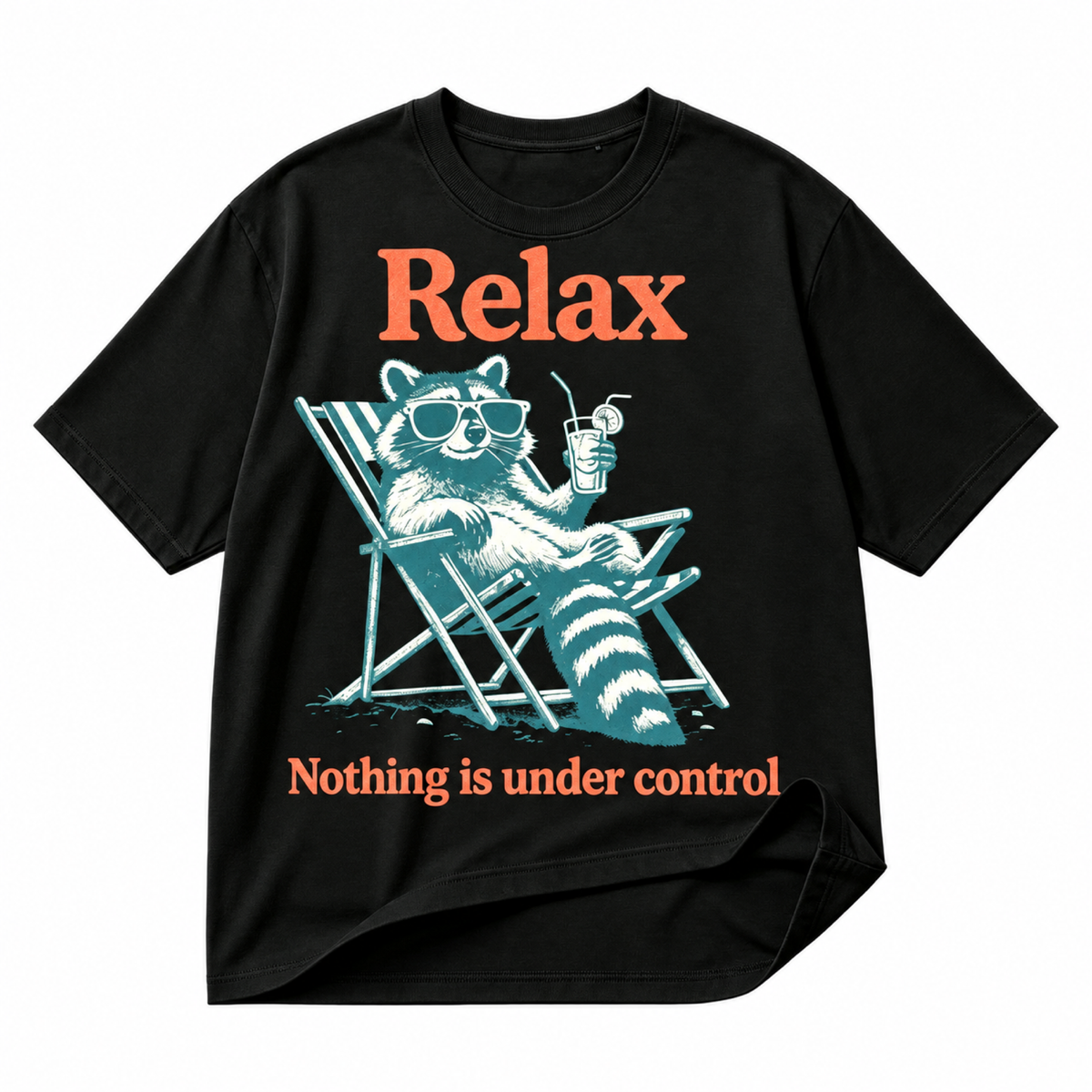 Relax Nothing Is Under Control raccoon black graphic T-shirt on pure white background