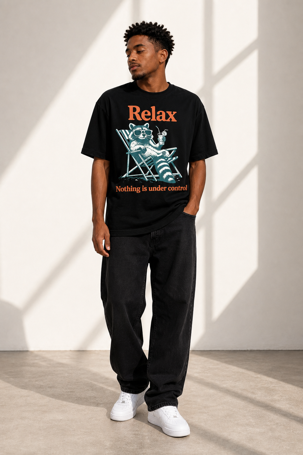 RELAX NOTHING IS UNDER CONTROL FUNNY RACCOON GRAPHIC T-SHIRT