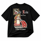 Sir Loin medieval steak black graphic T-shirt on pure white background