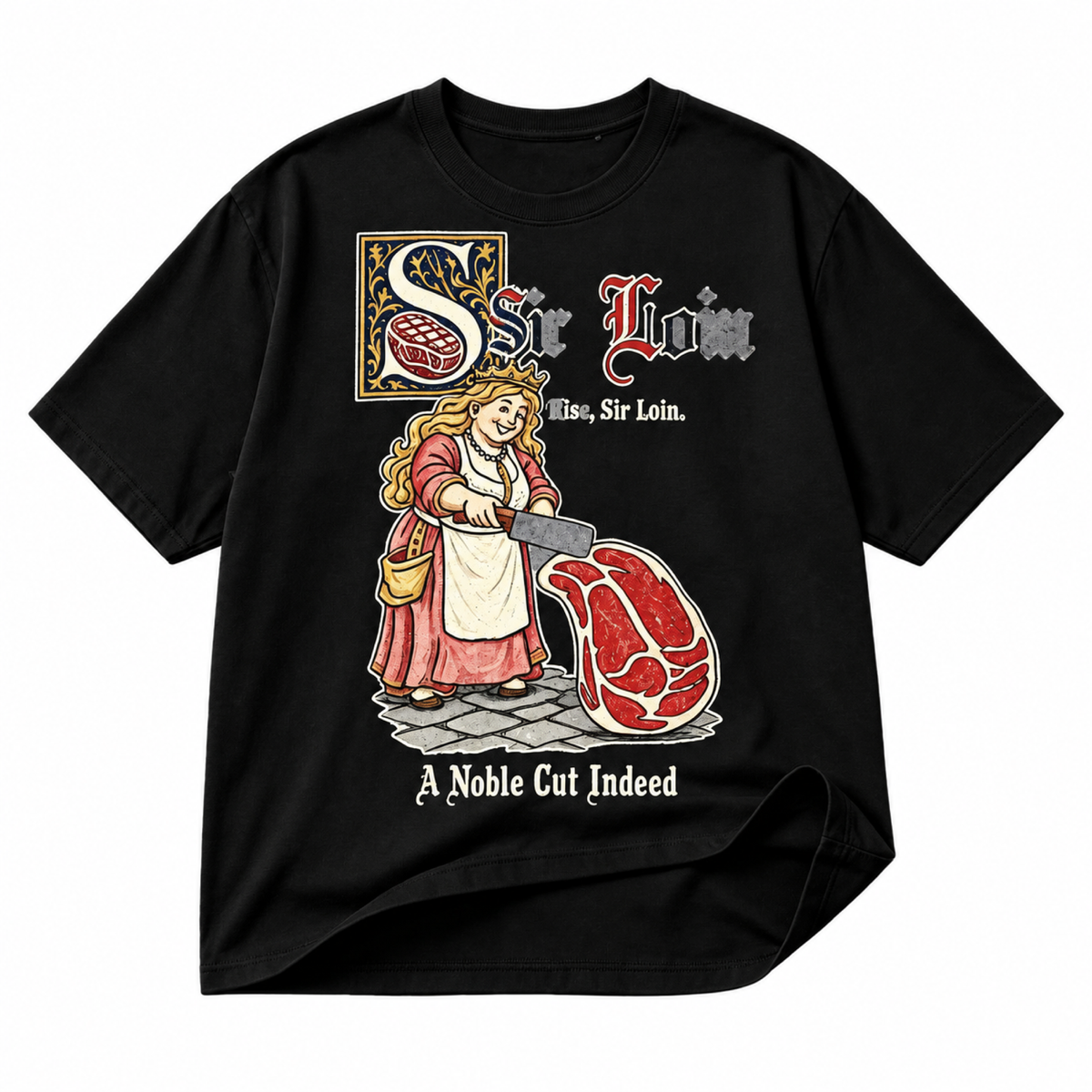 Sir Loin medieval steak black graphic T-shirt on pure white background