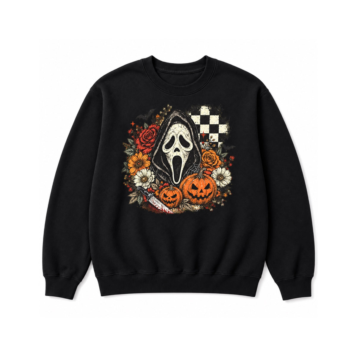 Spooky floral Halloween mask design on Black crewneck sweatshirt, white background