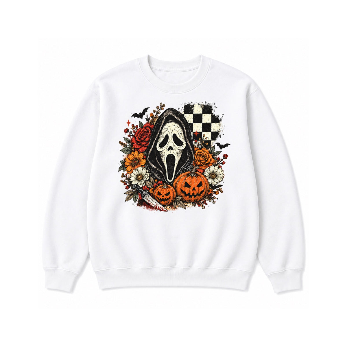 Spooky floral Halloween mask design on White crewneck sweatshirt, white background