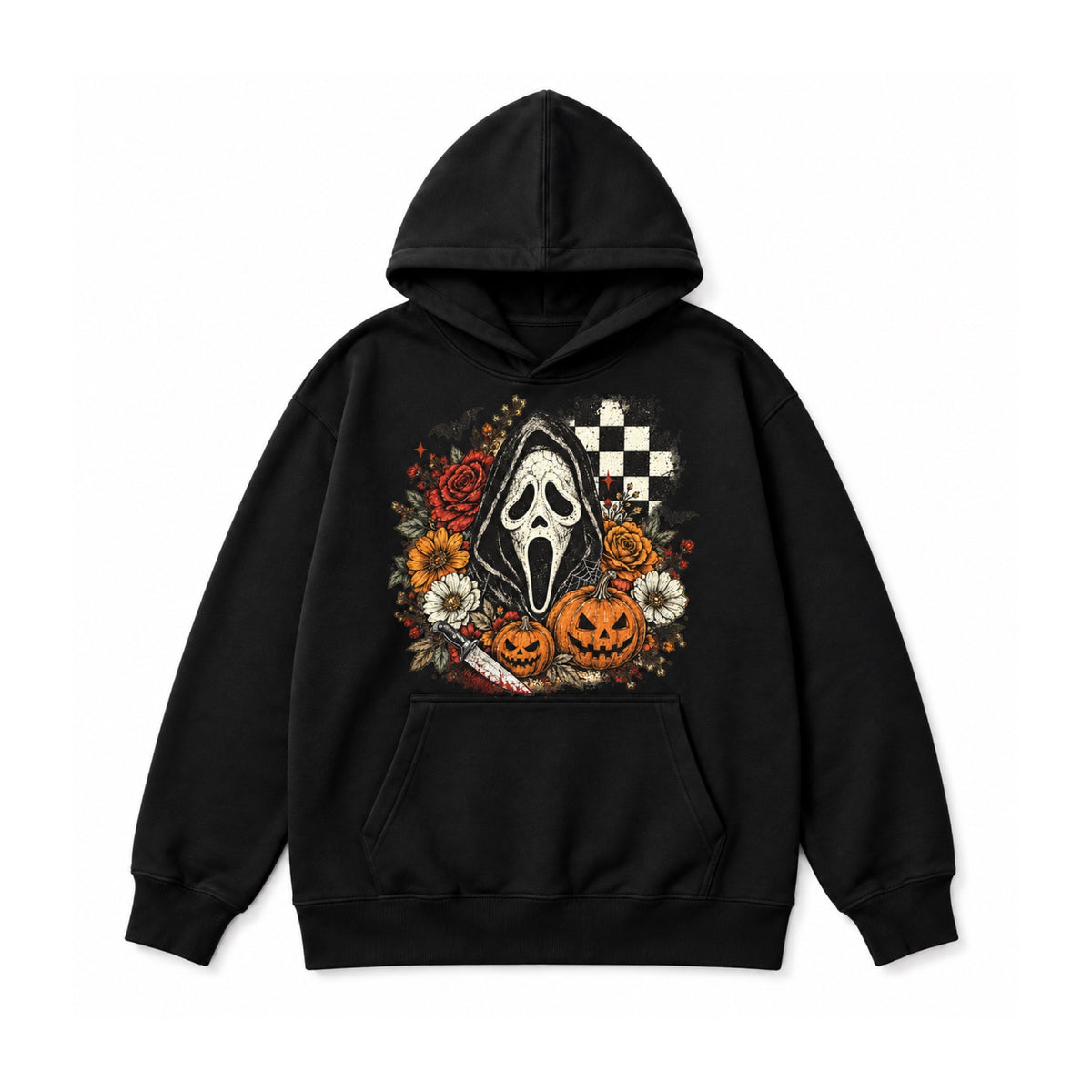 Spooky floral Halloween mask design on Black hoodie, white background