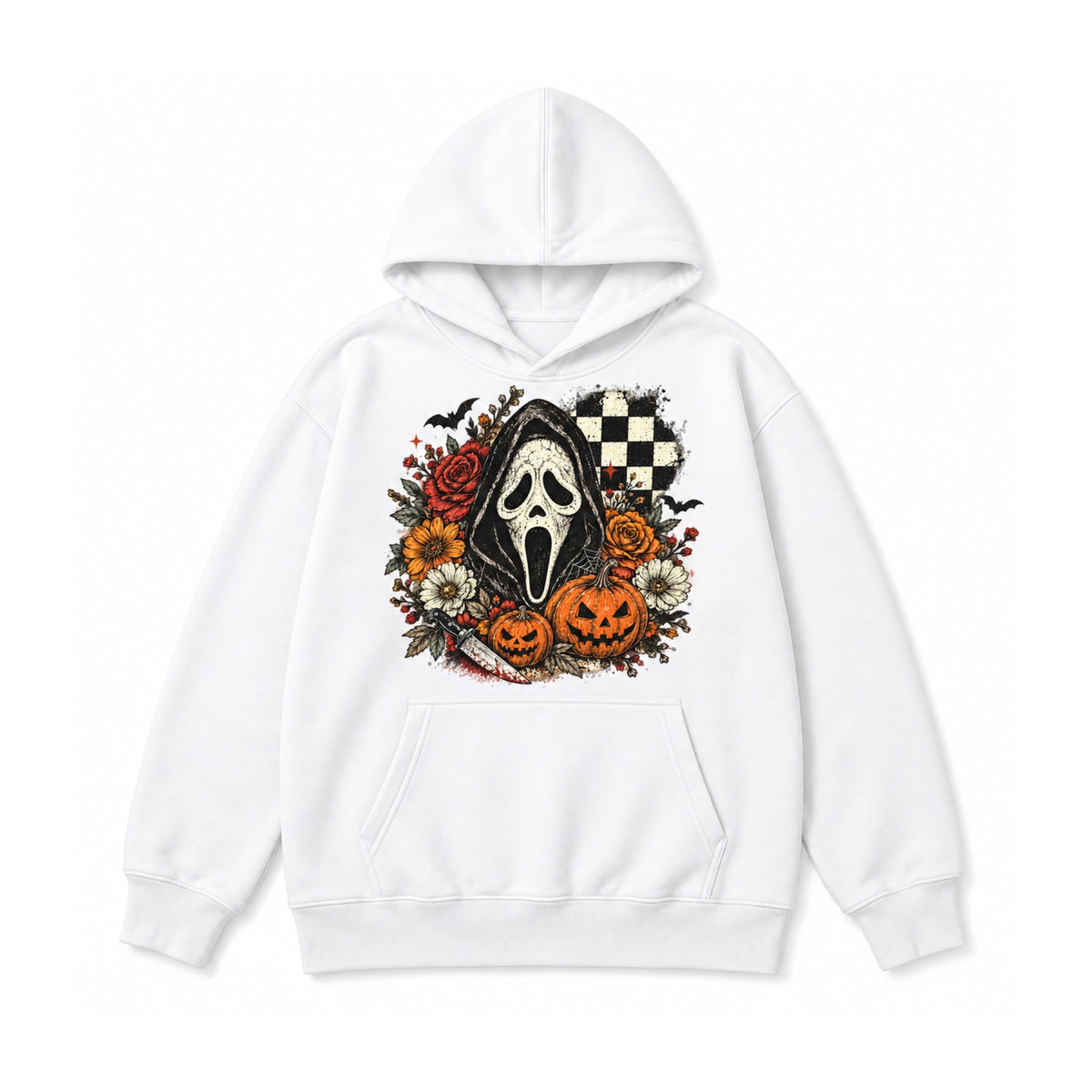 Spooky floral Halloween mask design on White hoodie, white background