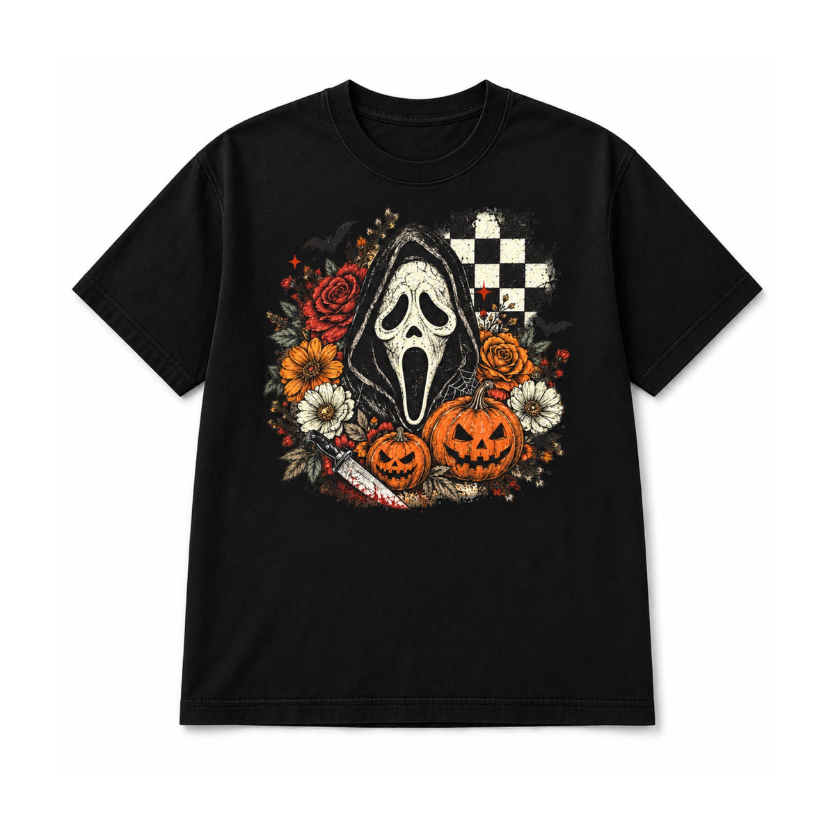 Spooky floral Halloween mask design on Black T-shirt, white background