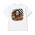 Spooky floral Halloween mask design on White T-shirt, white background