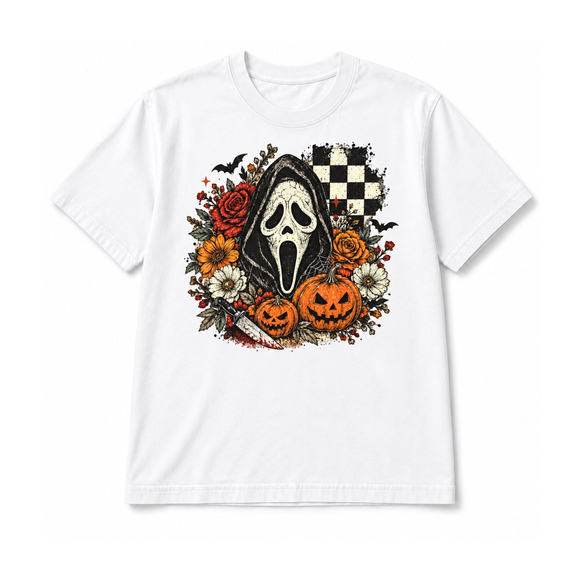 Spooky floral Halloween mask design on White T-shirt, white background