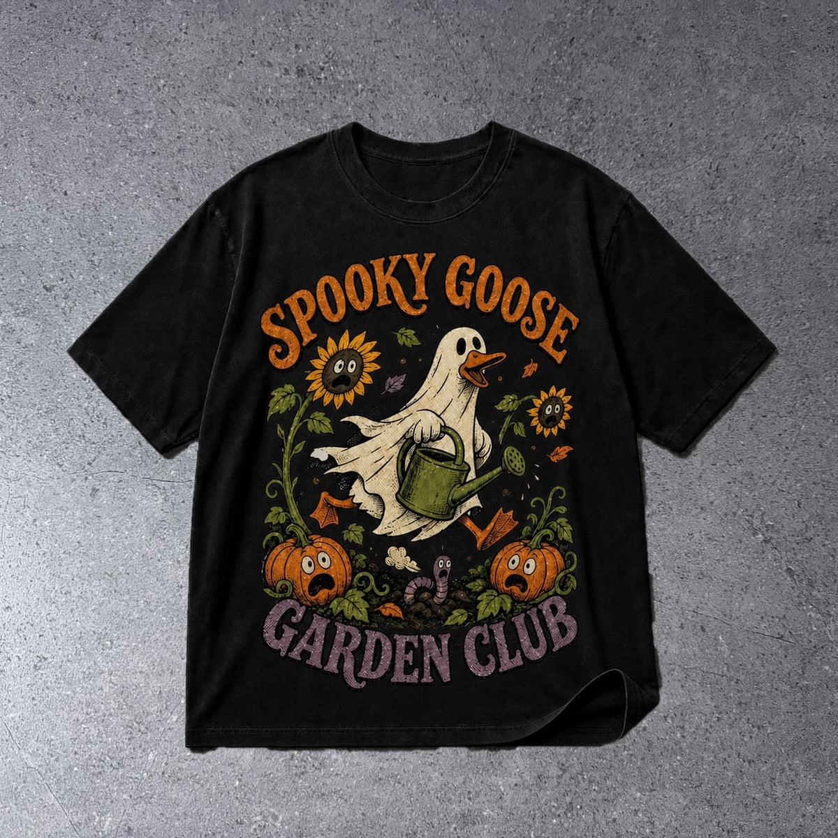 SPOOKY GOOSE GARDEN CLUB HALLOWEEN GRAPHIC T-SHIRT on light gray concrete