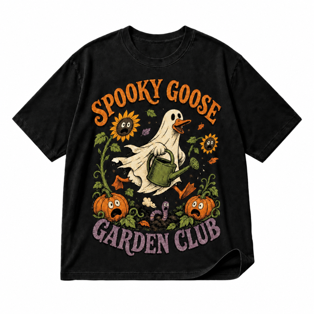 Spooky Goose Garden Club black graphic T-shirt on pure white background