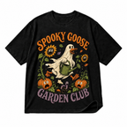 Spooky Goose Garden Club black graphic T-shirt on pure white background