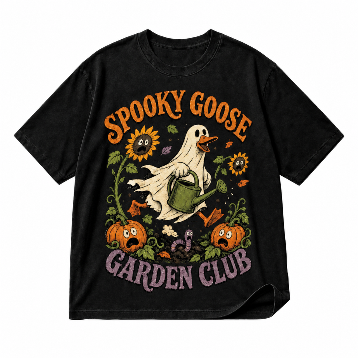 Spooky Goose Garden Club black graphic T-shirt on pure white background