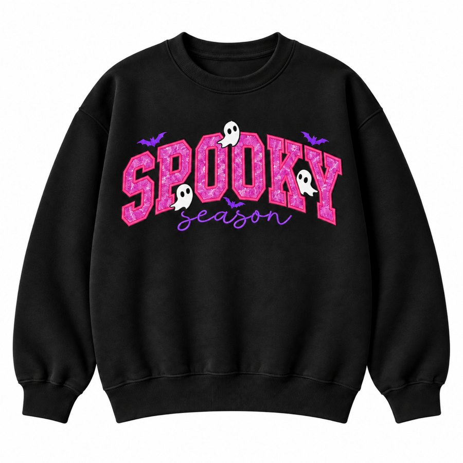 Black Spooky Season ghost graphic sweatshirt on pure white background