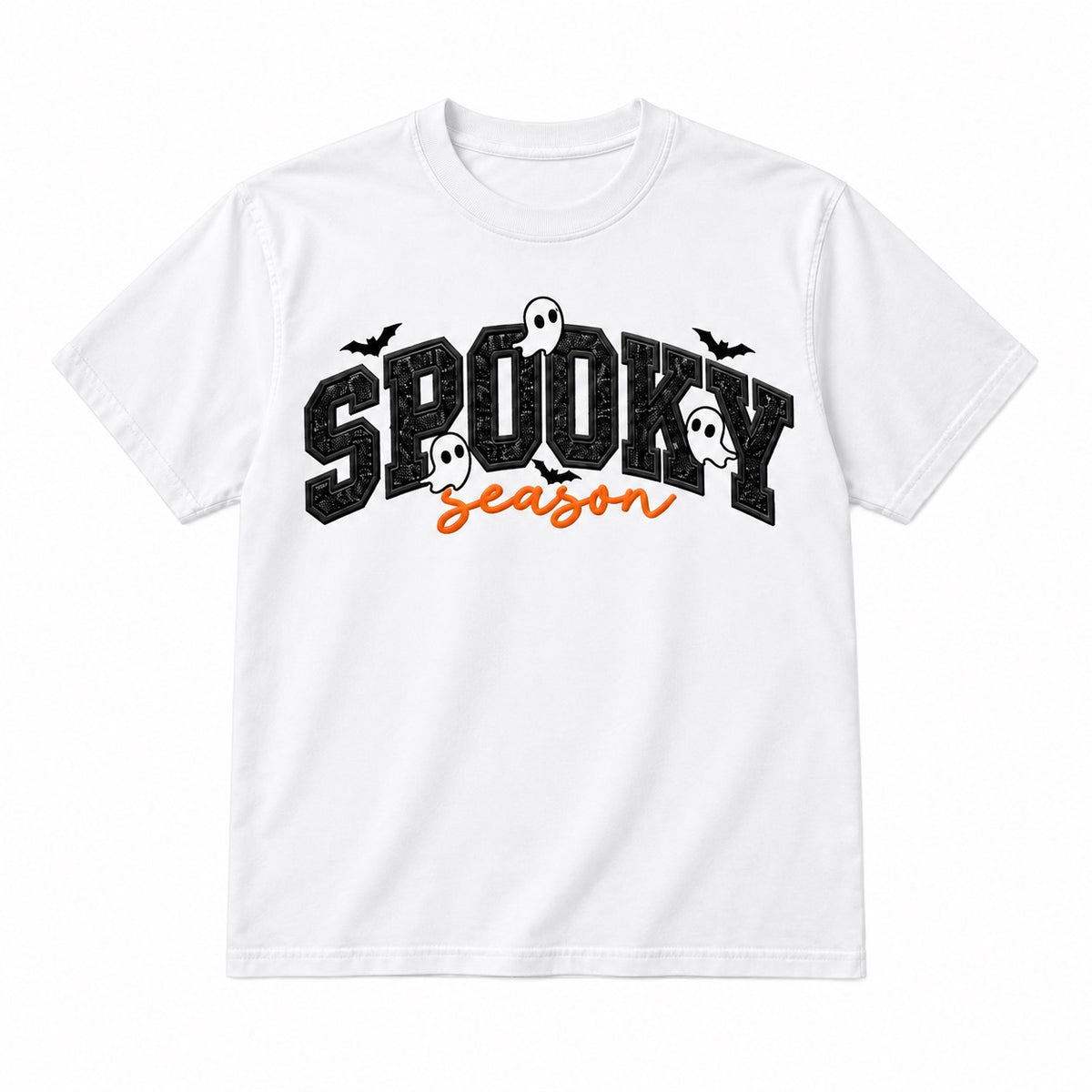 Spooky Season Black Ghosts design on White T-Shirt, front view on white background