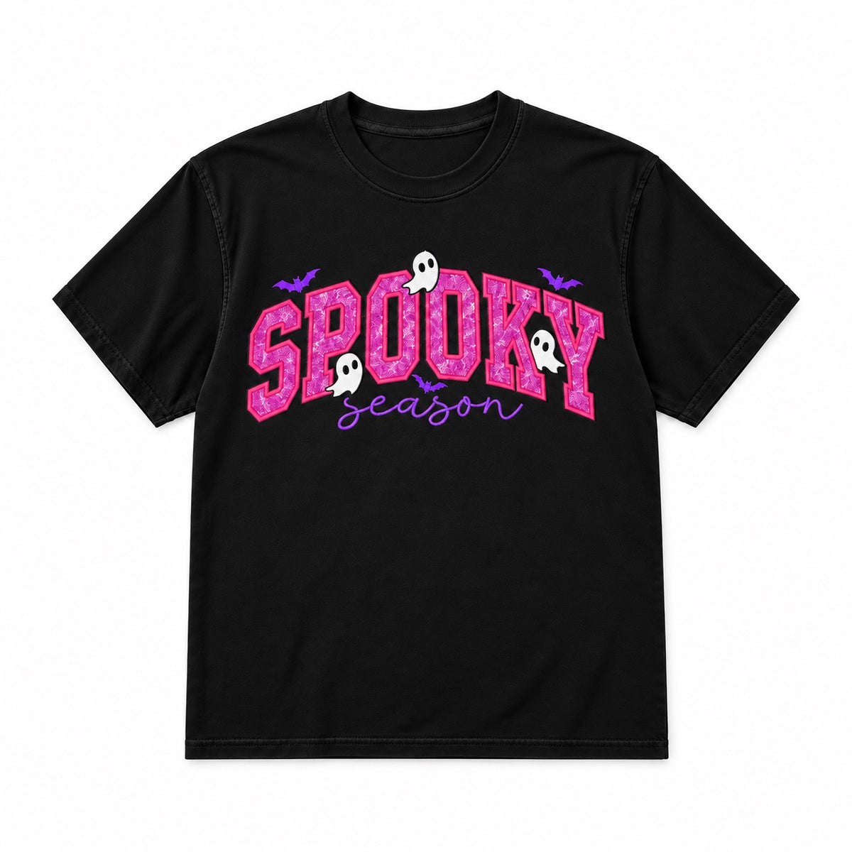 Spooky Season Black Pink design on Black T-Shirt, front view on white background